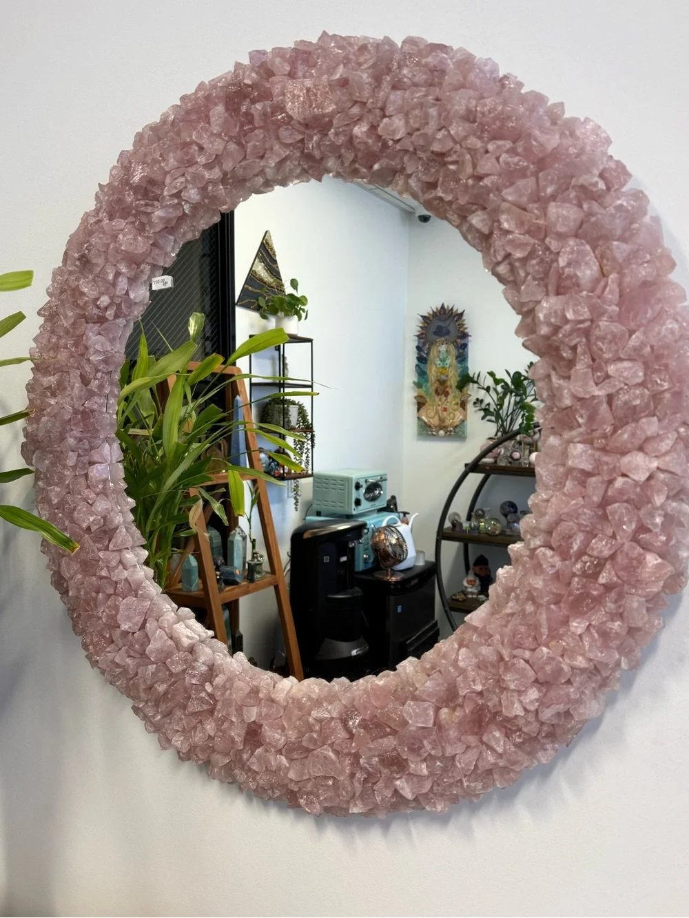 Rose Quartz Crystal Round Wall Mirror - Pink Decorative Mirror